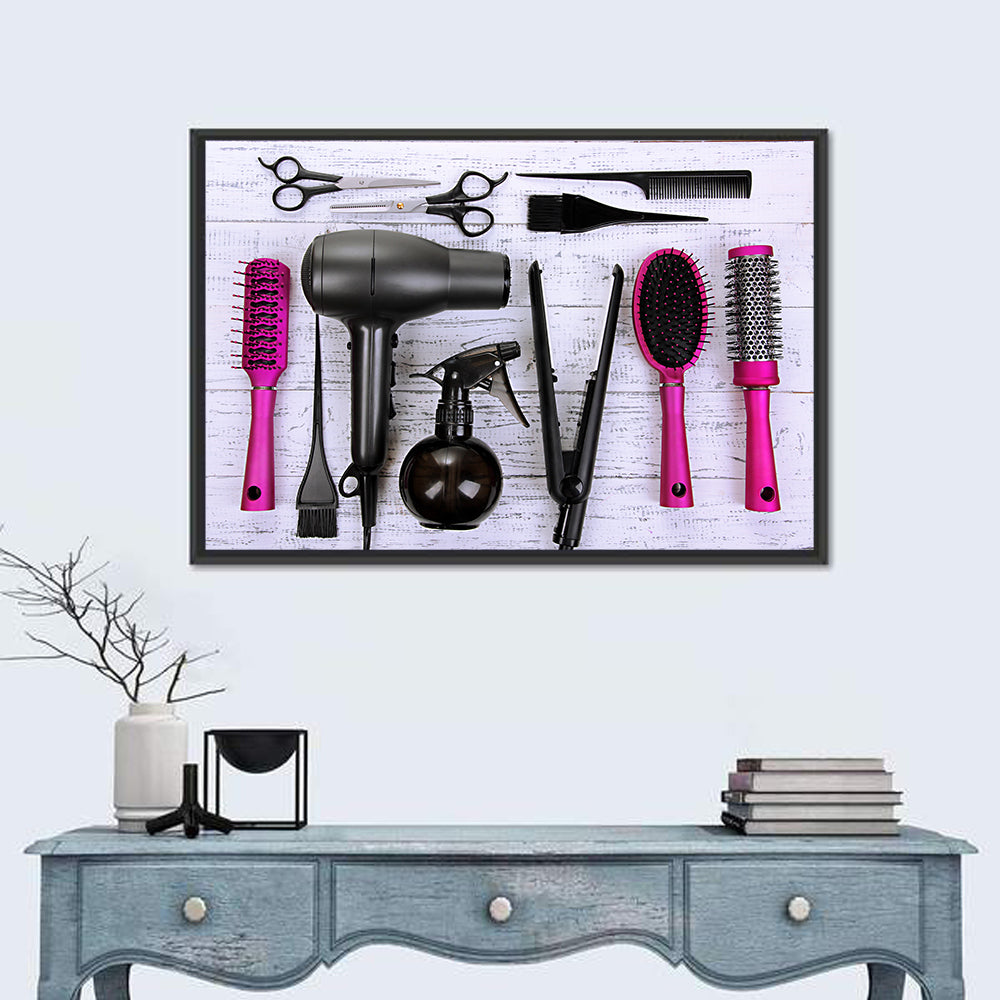 Hair Styling Tools Flat Lay Wall Art in a room, landscape