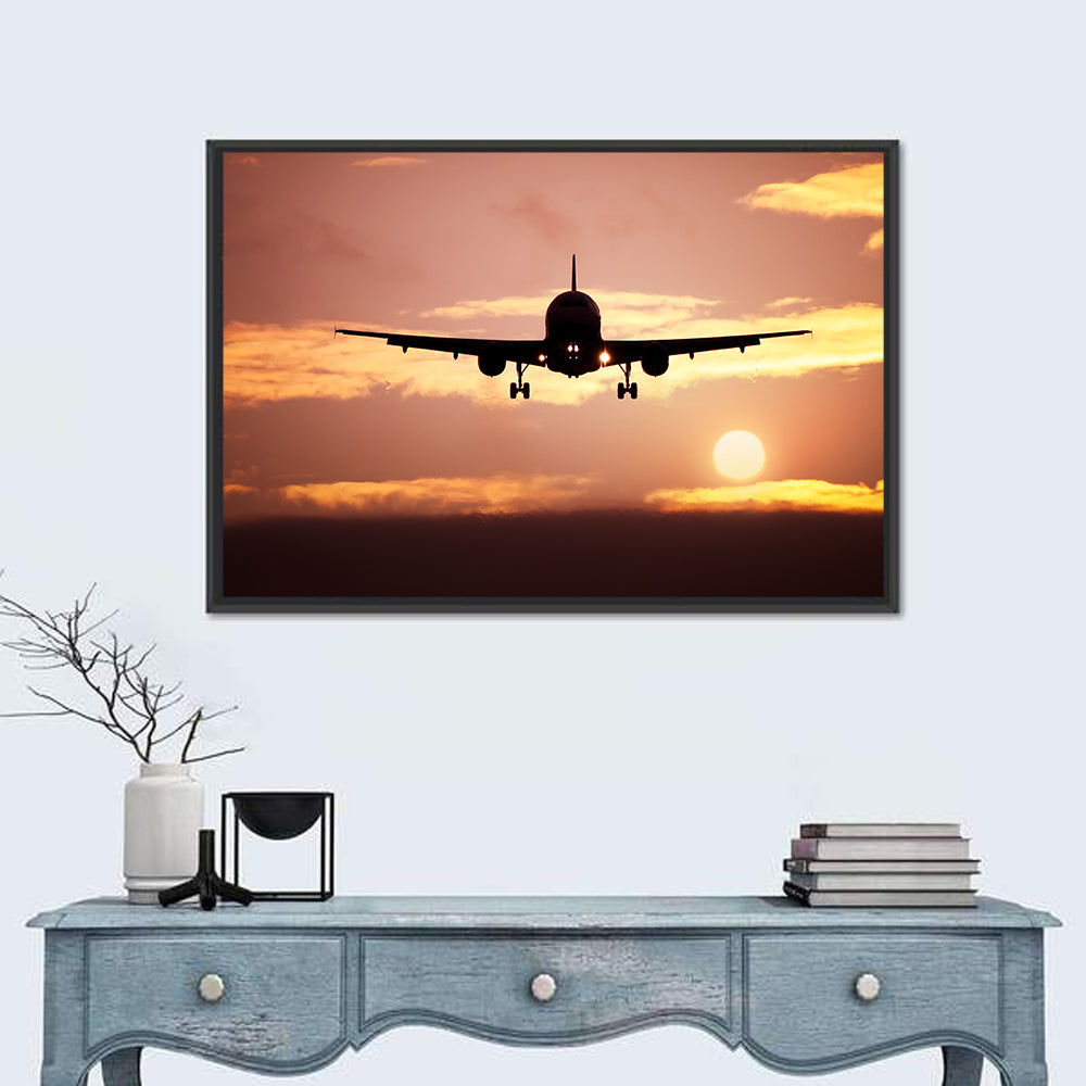 Airplane with Landing Gear at Sunset Wall Art in a room, landscape