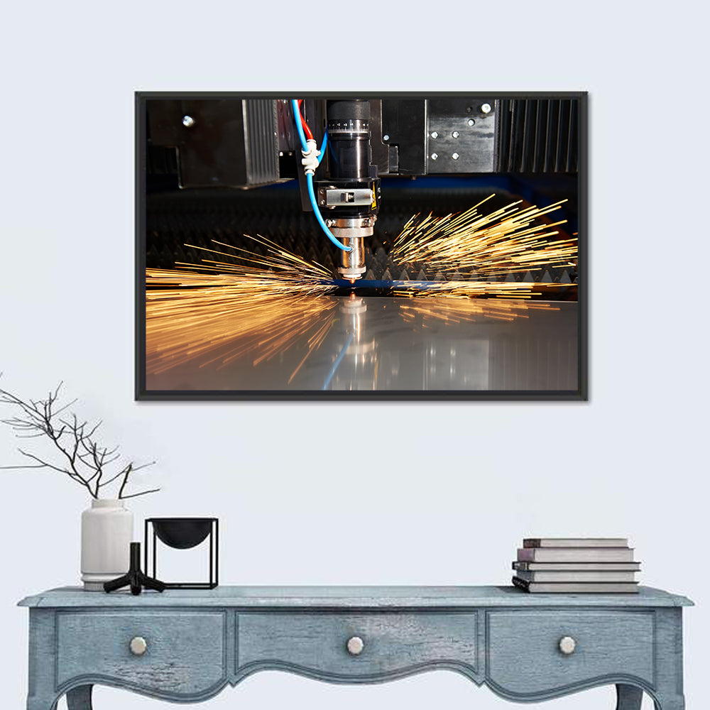 Laser Cutter Sparks on Metal Wall Art in a room, landscape