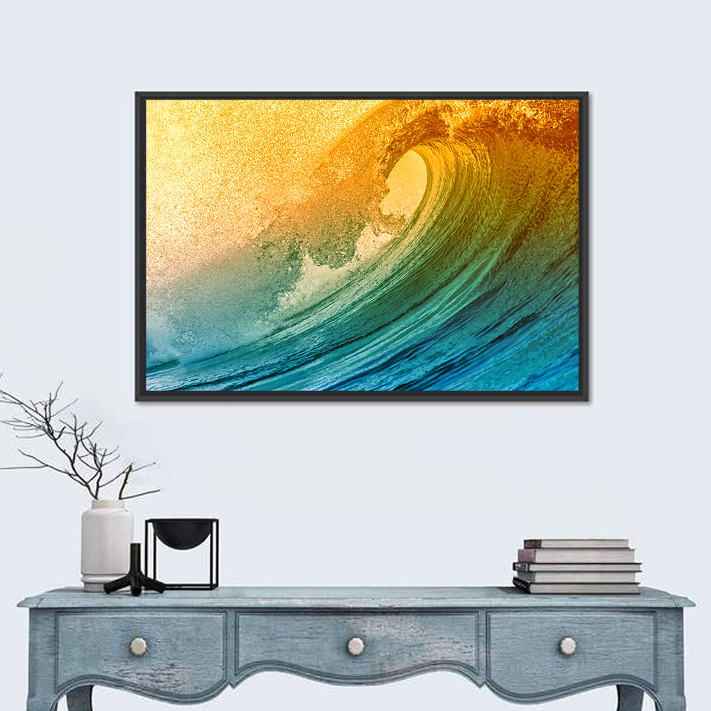 Barrel Wave at Sunset Wall Art in a room, landscape