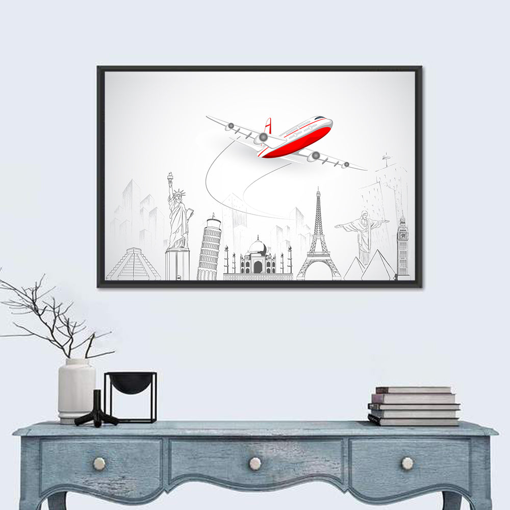 Airplane Over World Landmarks Wall Art