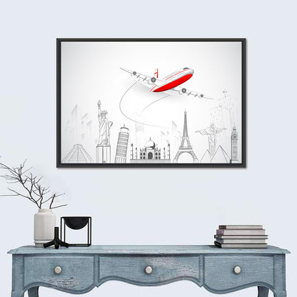 Airplane Over World Landmarks Wall Art