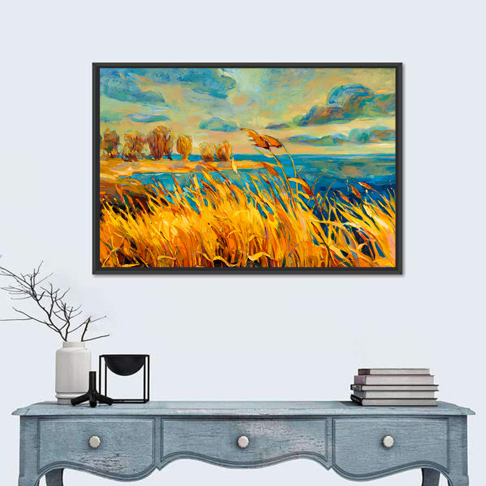 Golden Hour Lake with Tall Grass Wall Art in a room, landscape