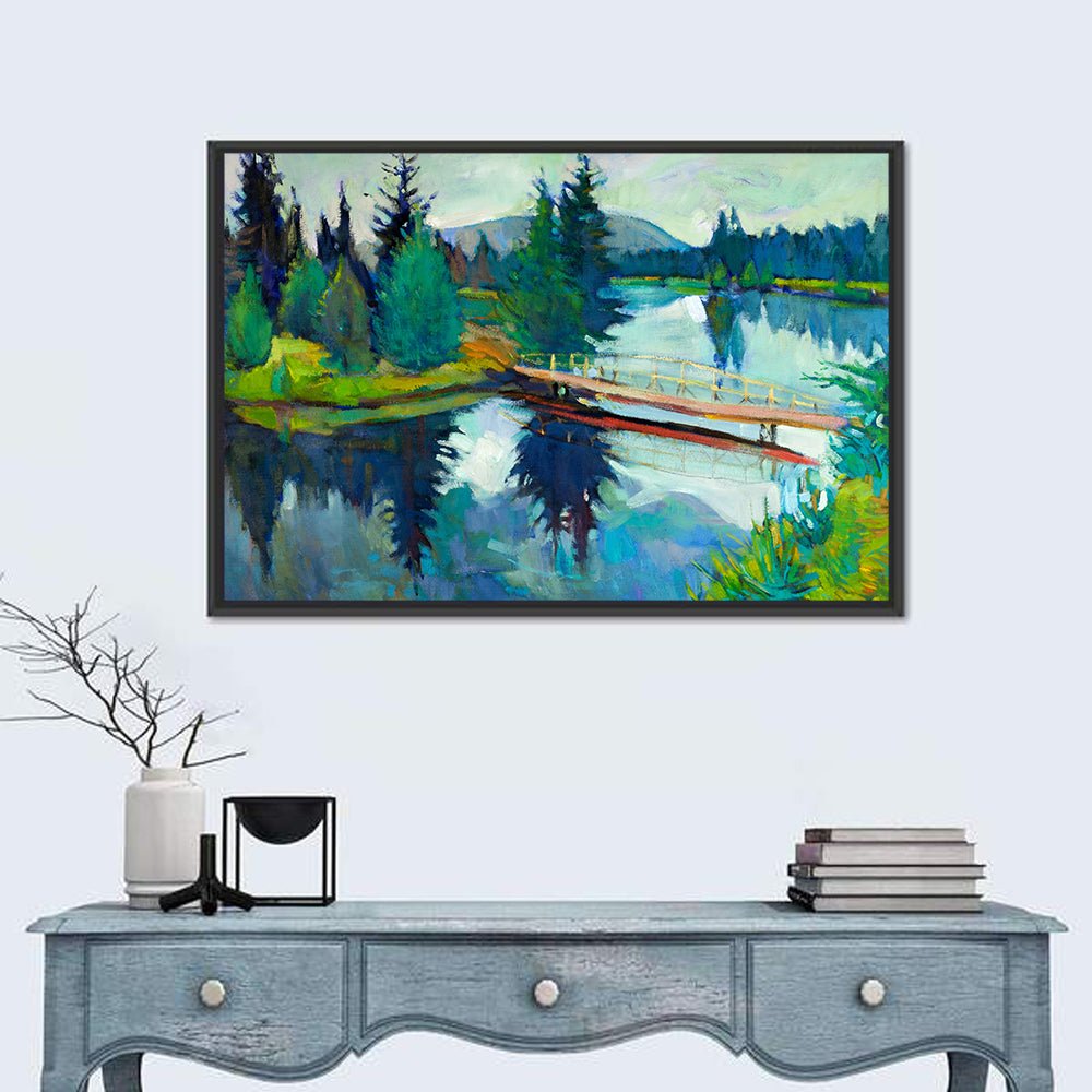 Forest Bridge Reflection Illustration Wall Art