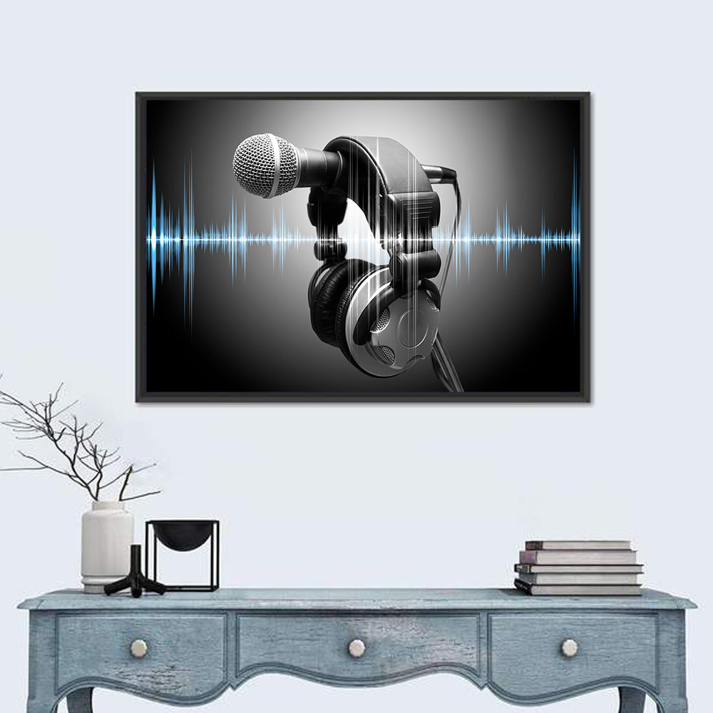 Headphones on Microphone with Sound Waves Wall Art