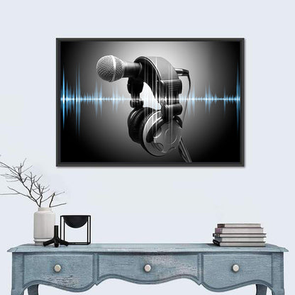 Headphones on Microphone with Sound Waves Wall Art