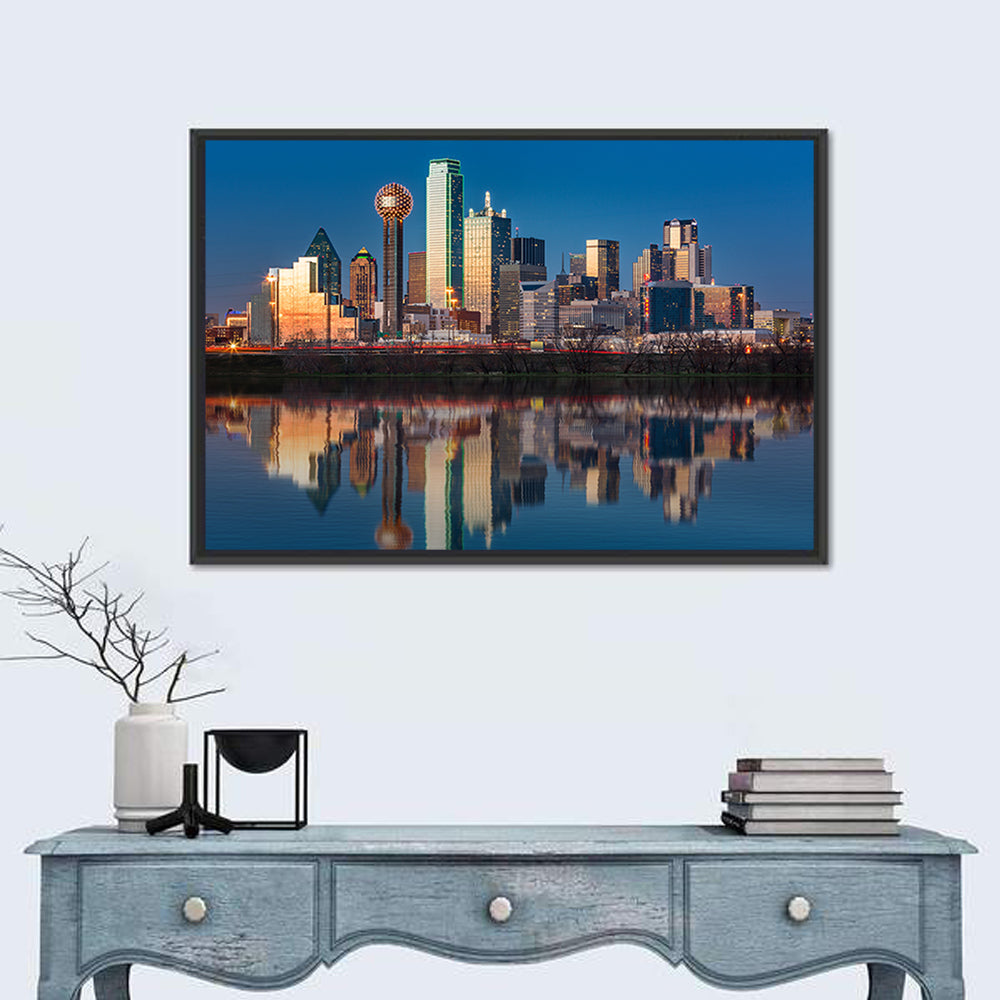 Dallas Skyline at Sunset Wall Art in a room, landscape