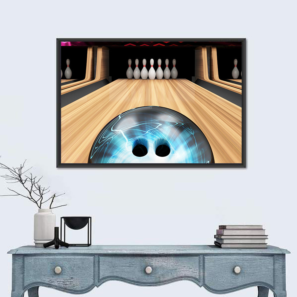Glowing Blue Bowling Ball on Wooden Lane Wall Art in a room, landscape