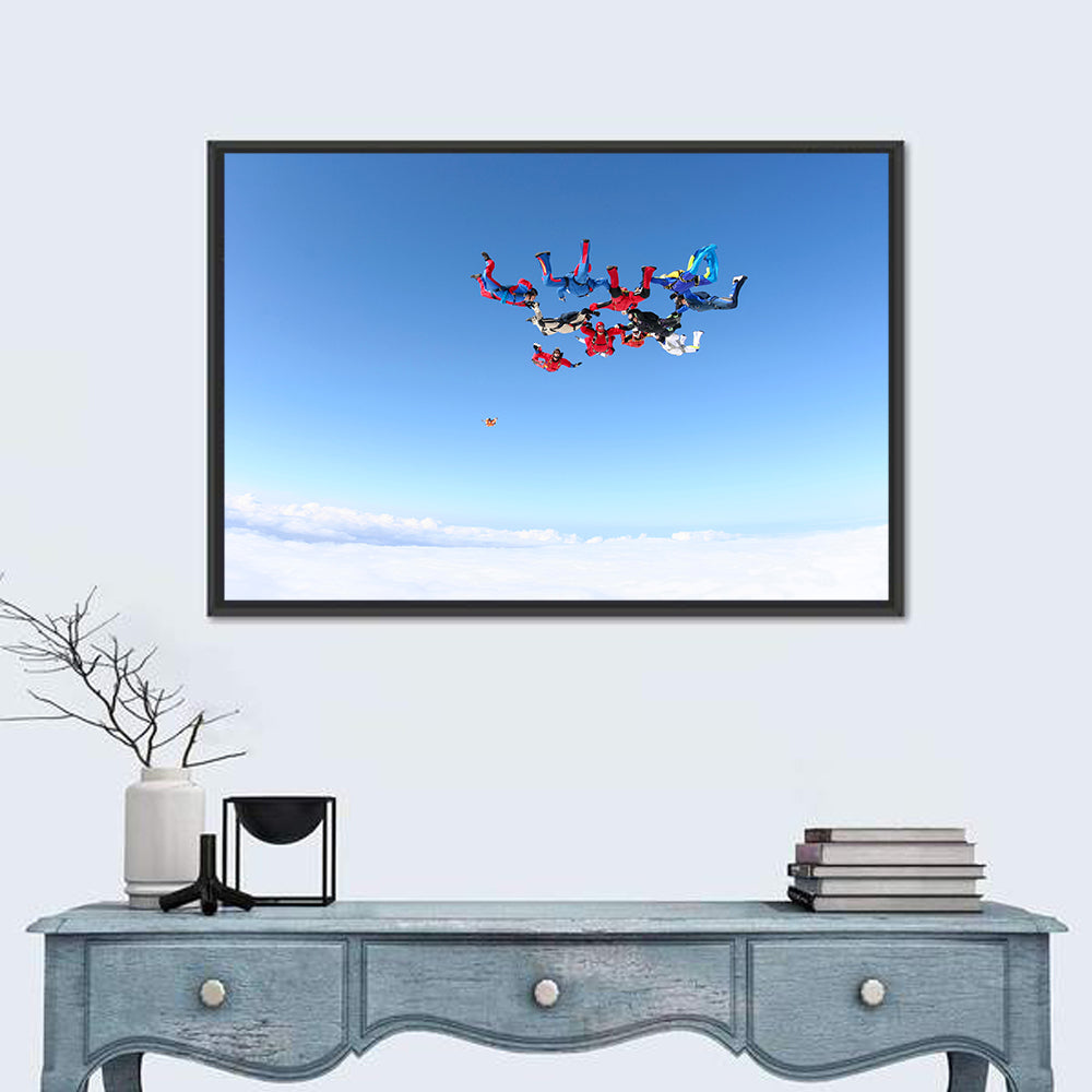 Skydiving Formation Over Clouds Wall Art in a room, landscape