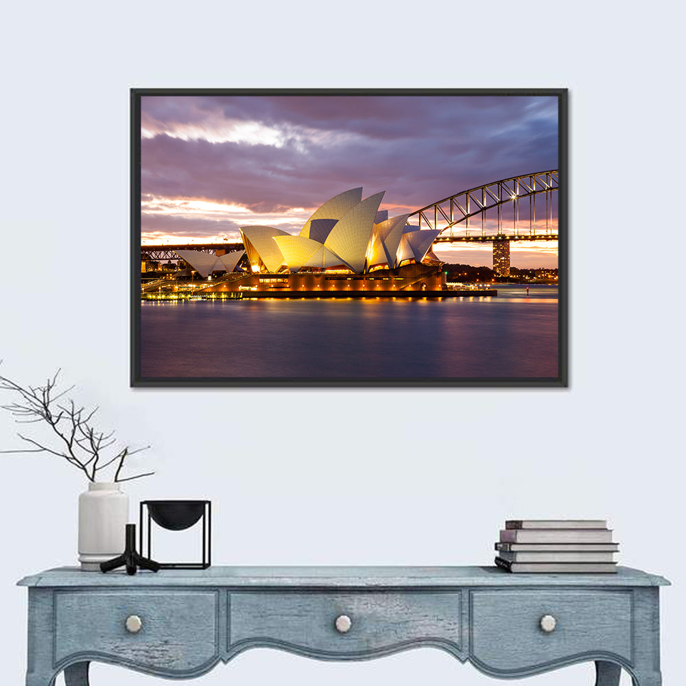 Sydney Opera House at Dusk with Harbour Bridge Wall Art in a room, landscape