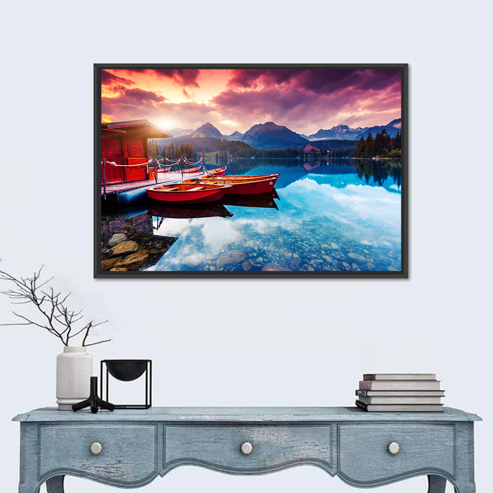 High Tatras Sunset Lake with Red Boats Wall Art