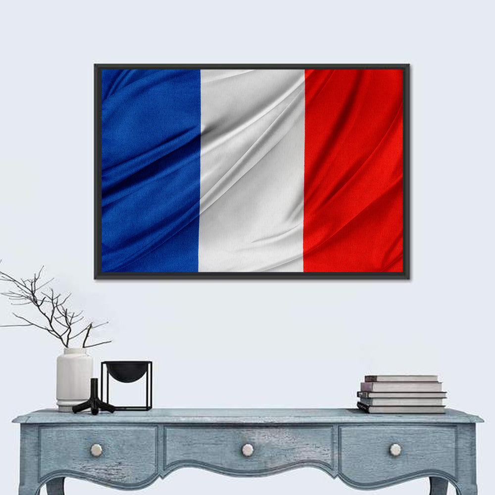 French Flag Tricolor with Folded Texture Wall Art in a room, landscape
