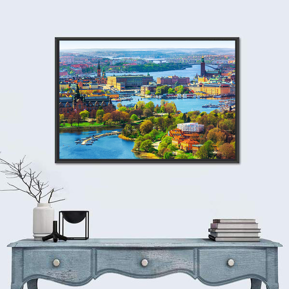 Gamla Stan Harbor Panorama Wall Art in a room, landscape