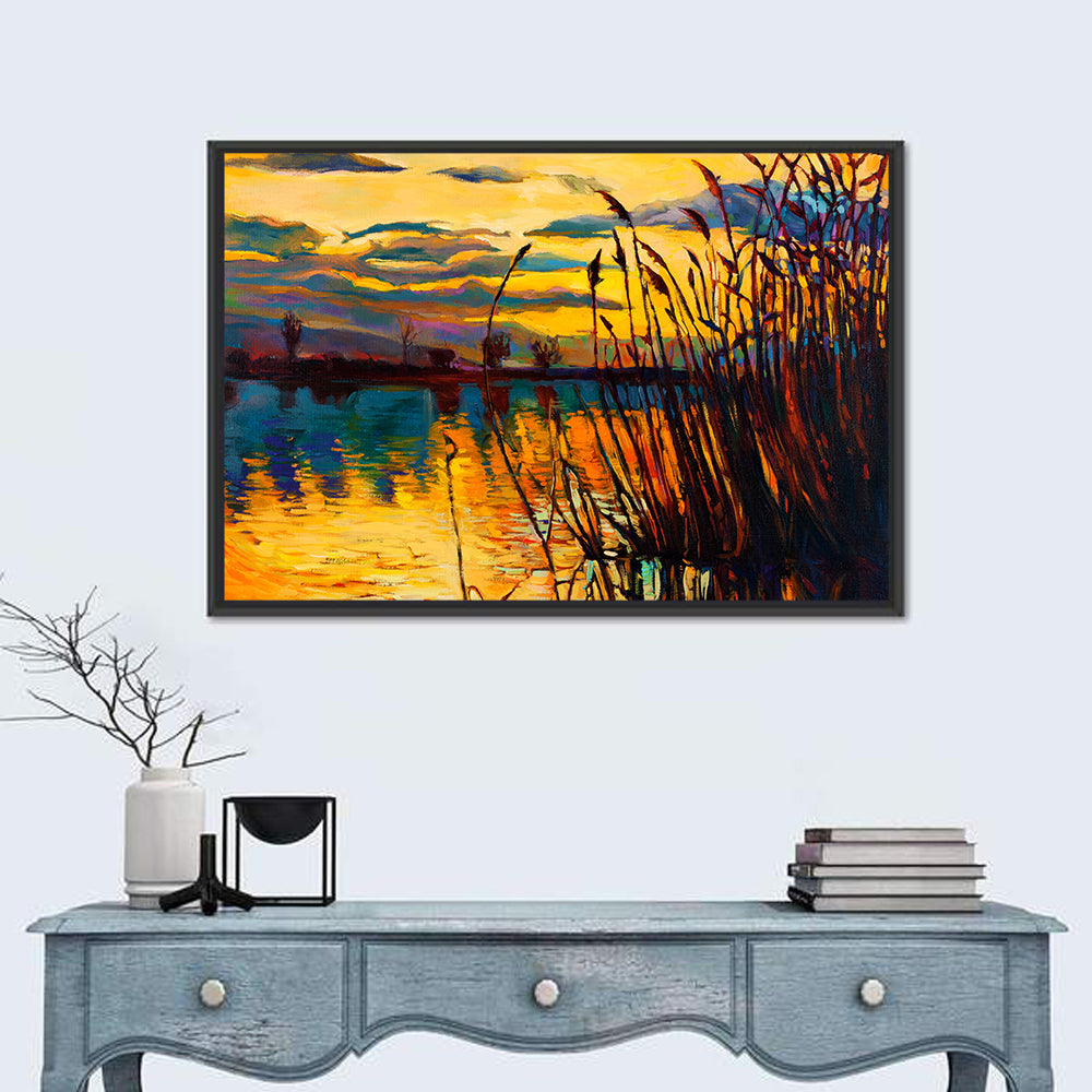 Sunset Lake with Reeds Wall Art in a room, landscape