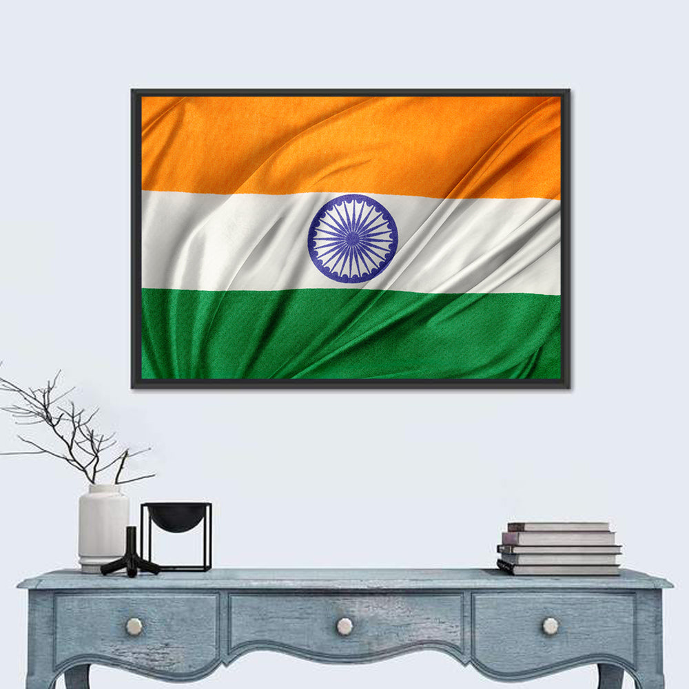 Indian Tricolor with Ashoka Chakra Wall Art in a room, landscape