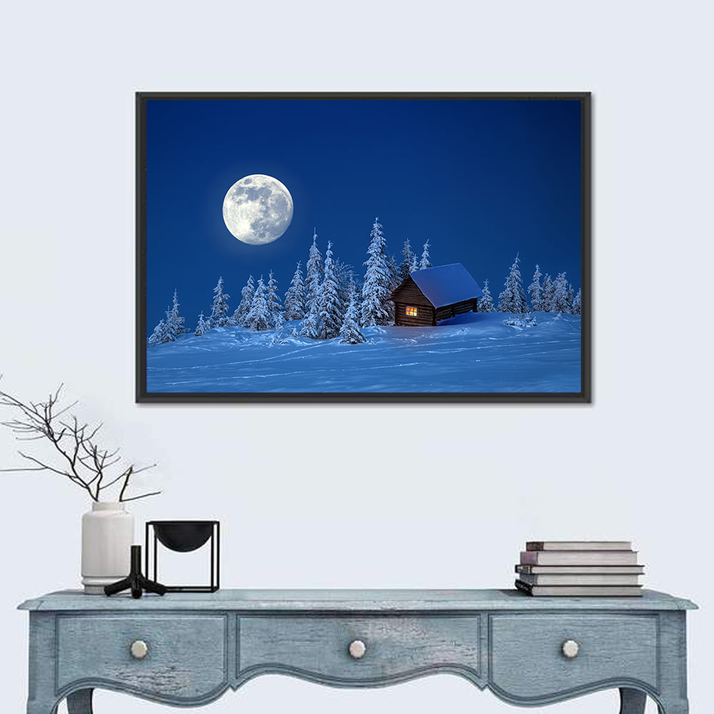 Moonlit Winter Cabin in Forest Wall Art