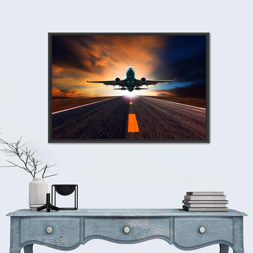 Passenger Jet Landing at Sunset Wall Art