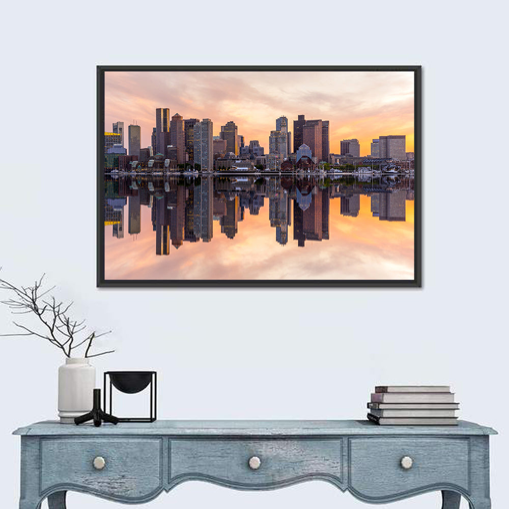 Boston Harbor Skyline at Dusk Wall Art in a room, landscape
