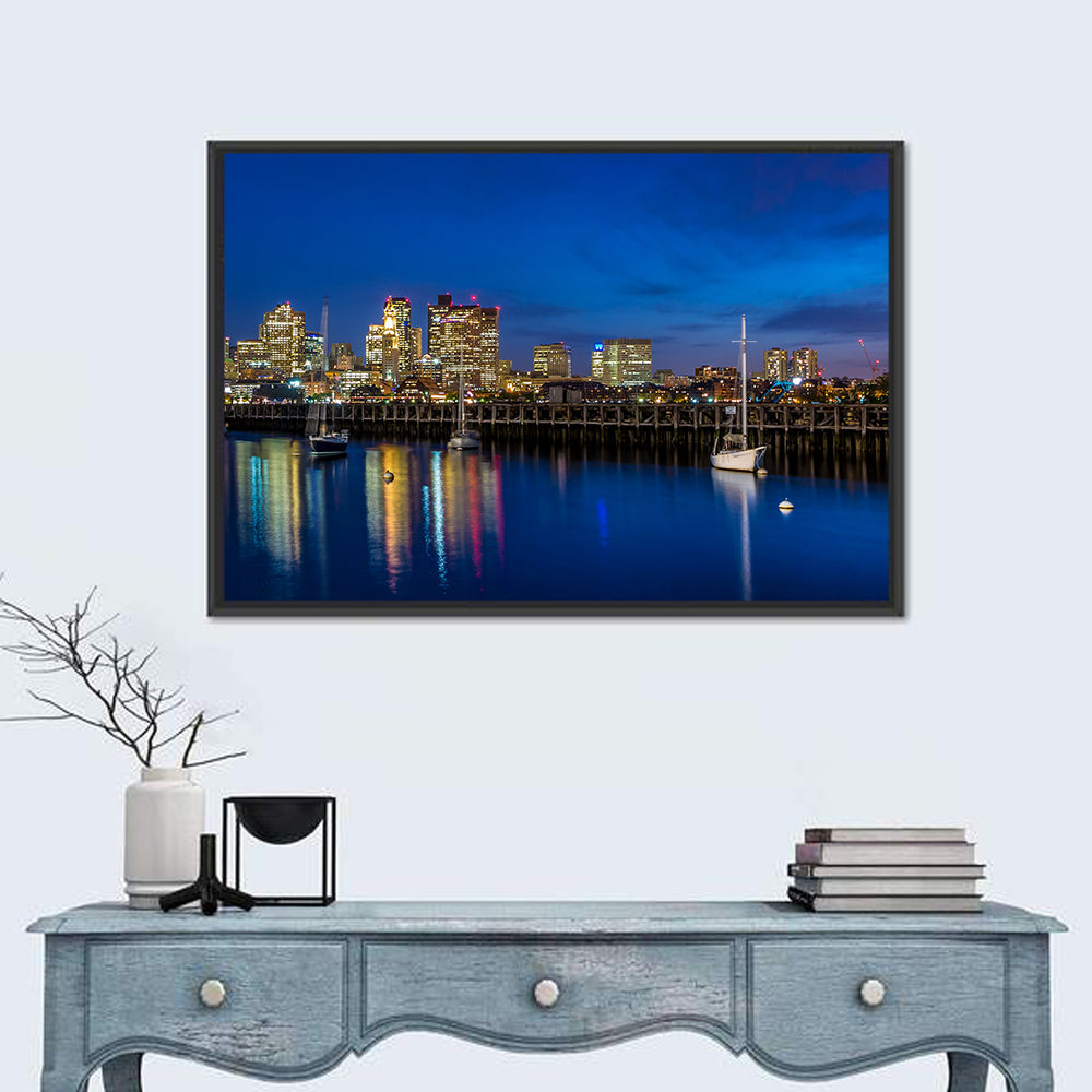Boston Harbor Night Skyline Wall Art in a room, landscape