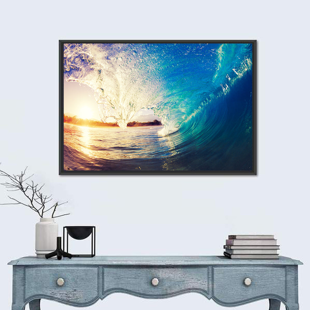 Barrel Wave at Sunrise Wall Art in a room, landscape