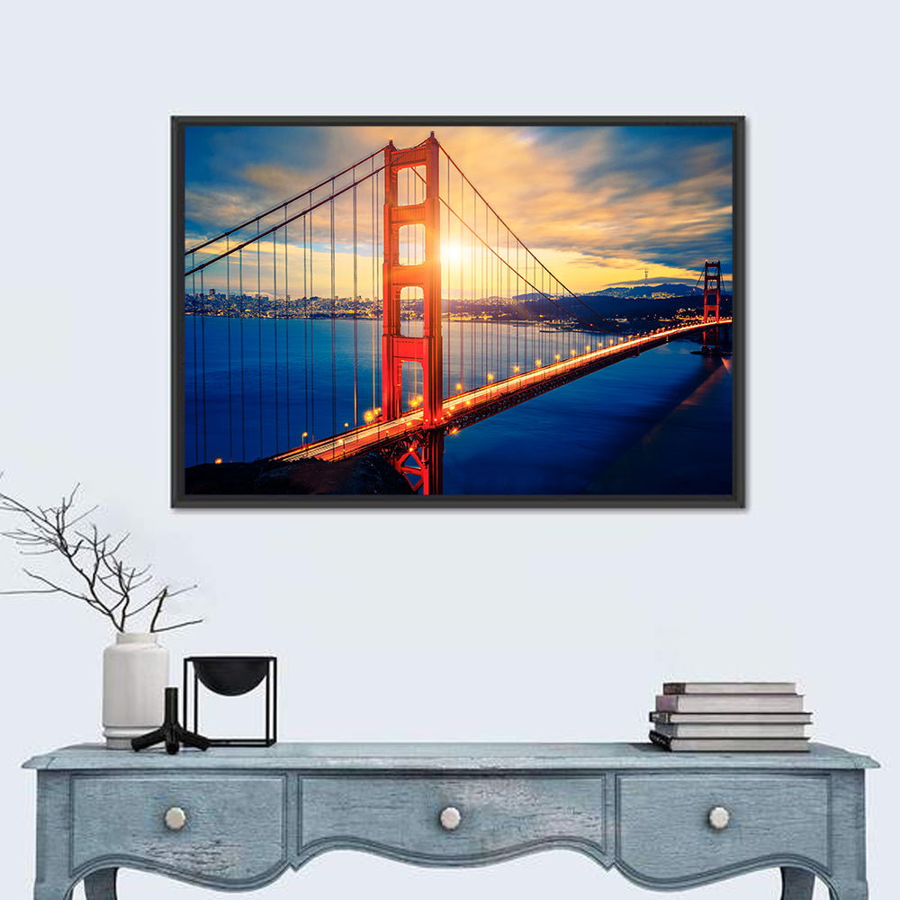 Sunrise Over Golden Gate Bridge Wall Art in a room, landscape