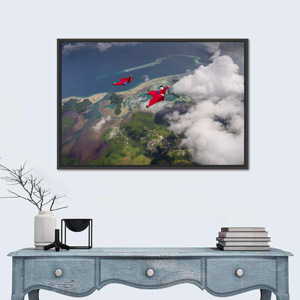 Wingsuit Duo Over Palau Coast Wall Art in a room, landscape