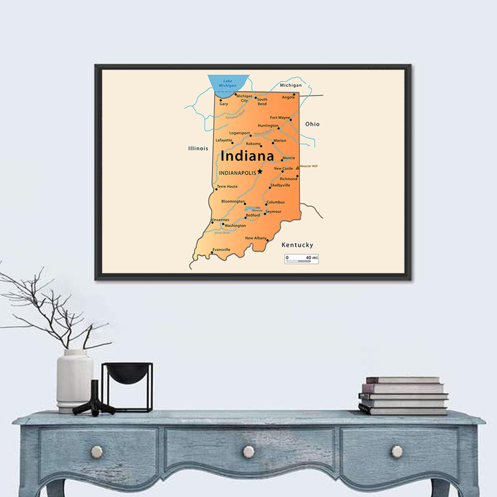 Indiana State Map Wall Art in a room, landscape