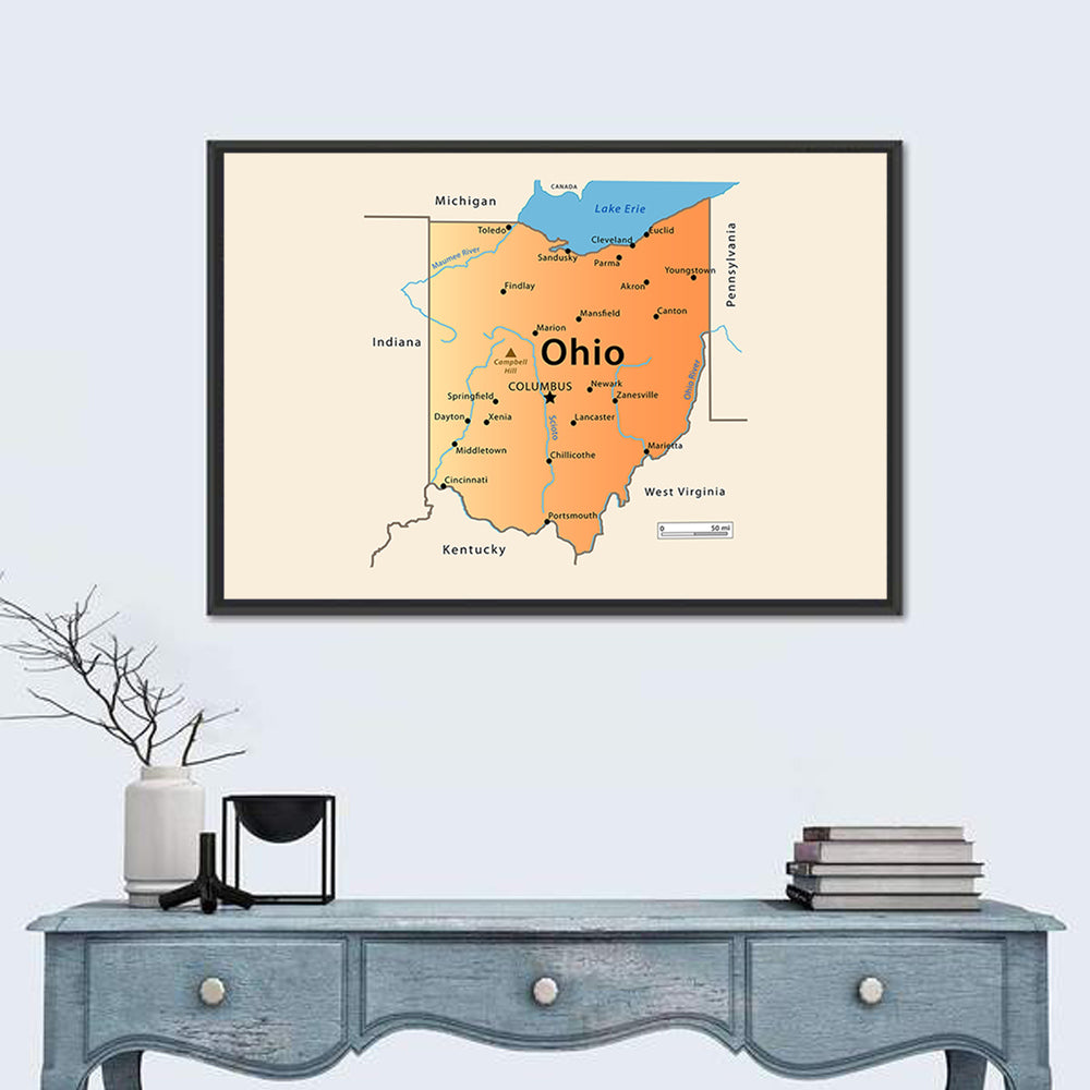 Ohio State Map Wall Art in a room, landscape