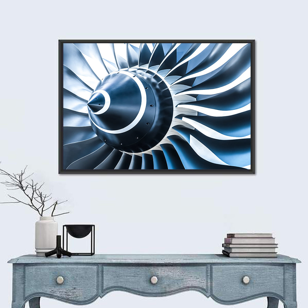 Blue Jet Turbine Blades Closeup Wall Art in a room, landscape