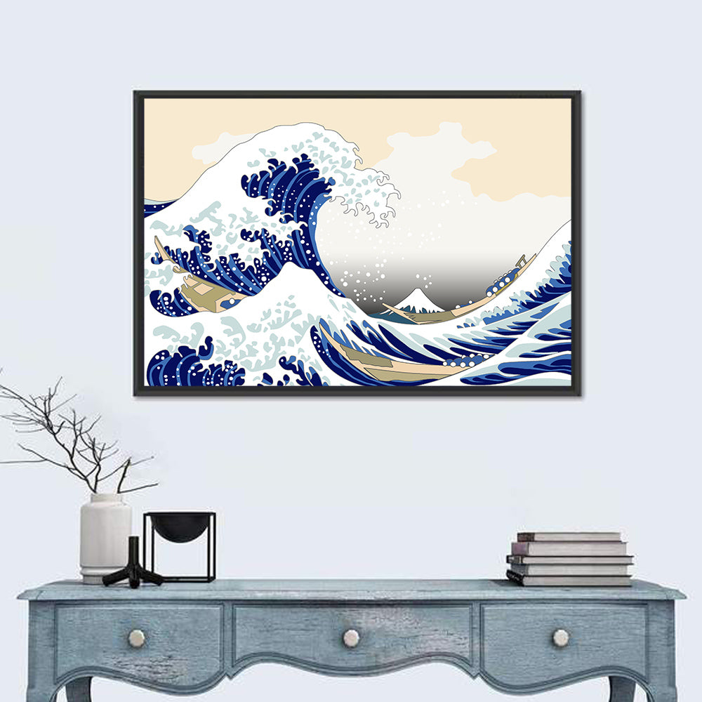 Hokusai Wave Illustration Wall Art in a room, landscape