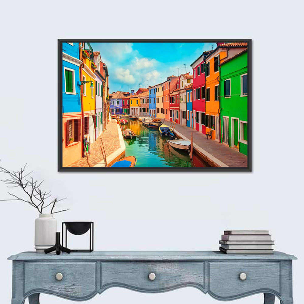 Burano Canal with Colorful Houses Wall Art in a room, landscape