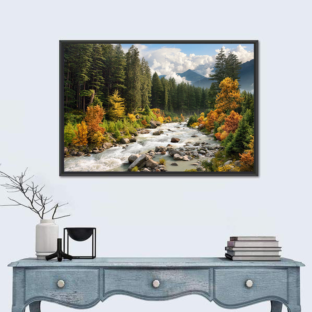 Autumn Mountain Stream with Rapids Wall Art in a room, landscape