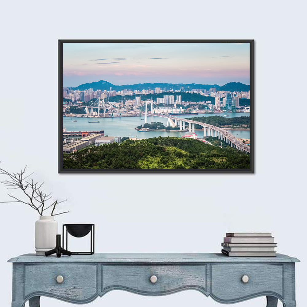 Haicang Suspension Bridge at Dusk Wall Art in a room, landscape