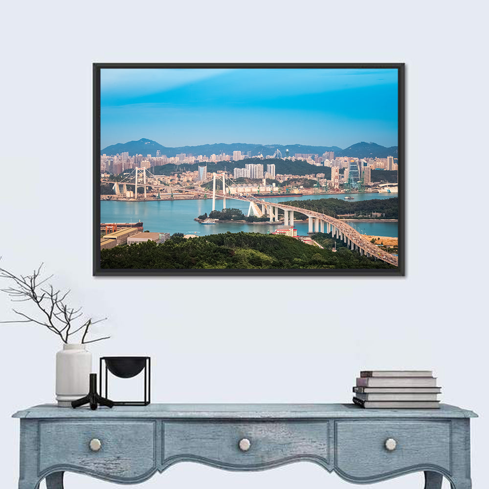 Haicang Suspension Bridge at Dusk Wall Art in a room, landscape