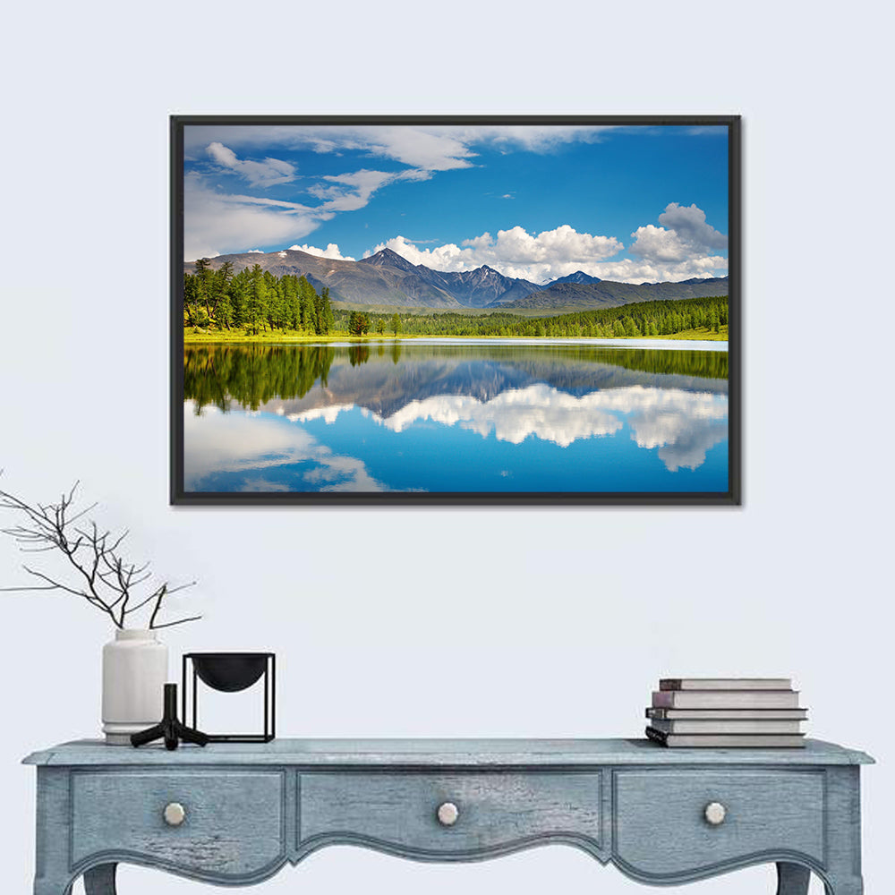 Altai Mountain Lake Reflection Wall Art in a room, landscape