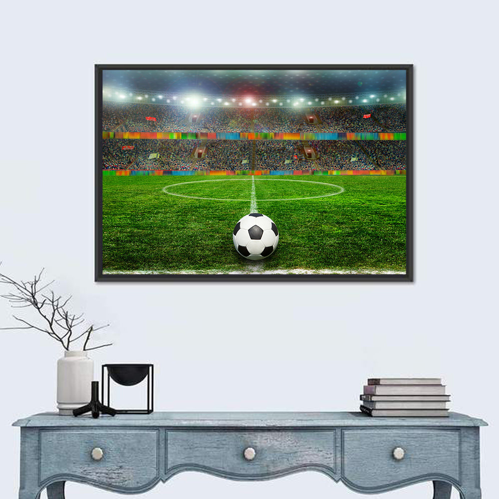 Soccer Ball Under Floodlights Wall Art in a room, landscape