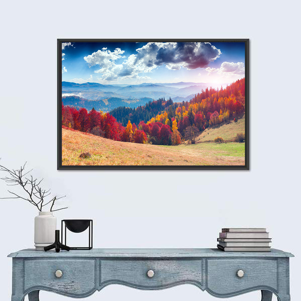Carpathian Autumn Sunburst Ukraine Wall Art in a room, landscape