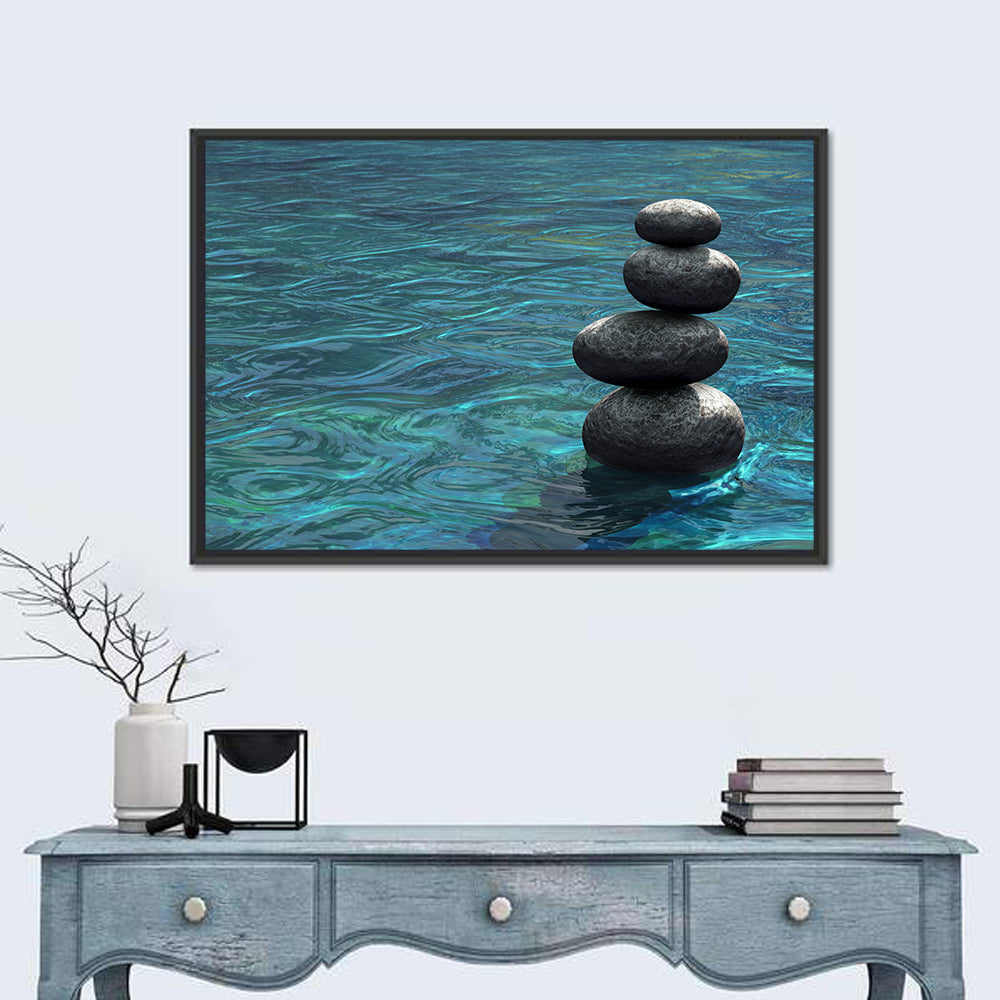 Zen Stone Stack Over Rippling Water Wall Art in a room, landscape