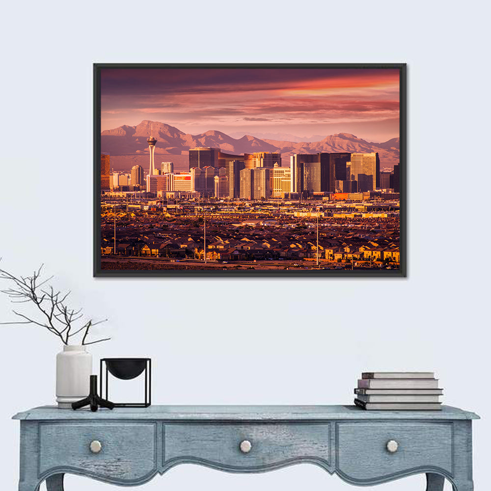 Las Vegas Strip Sunset Skyline Wall Art in a room, landscape