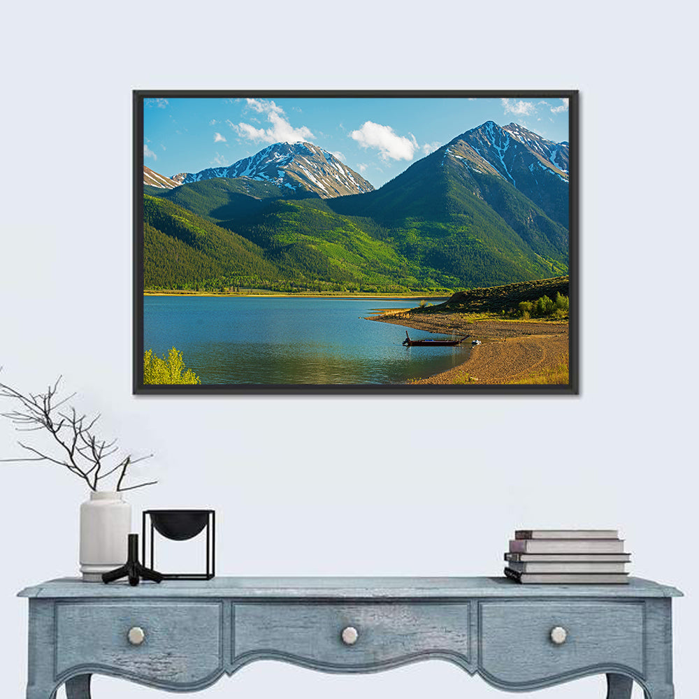 Snow-capped Peaks Over Twin Lakes Colorado Wall Art in a room, landscape