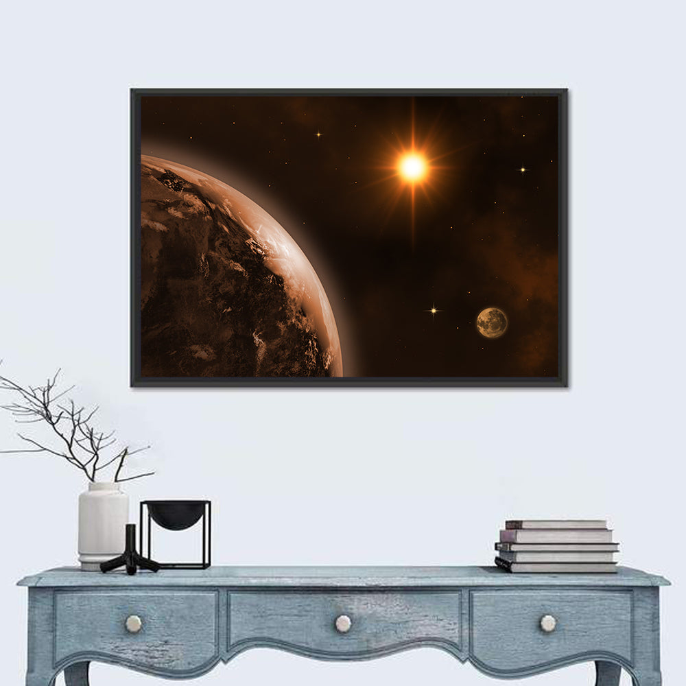 Crescent Planet with Golden Star and Moon Wall Art in a room, landscape