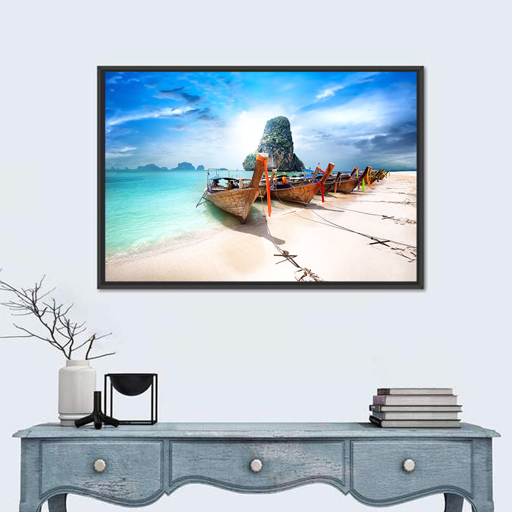 Railay Beach Long-tail Boats Wall Art in a room, landscape