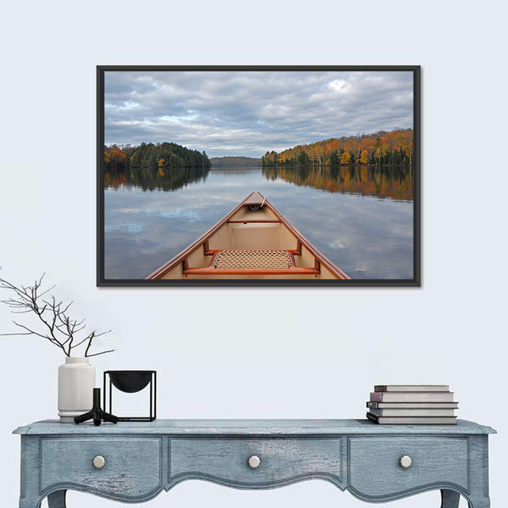 Overcast Canoe Bow on Autumn Lake Wall Art in a room, landscape