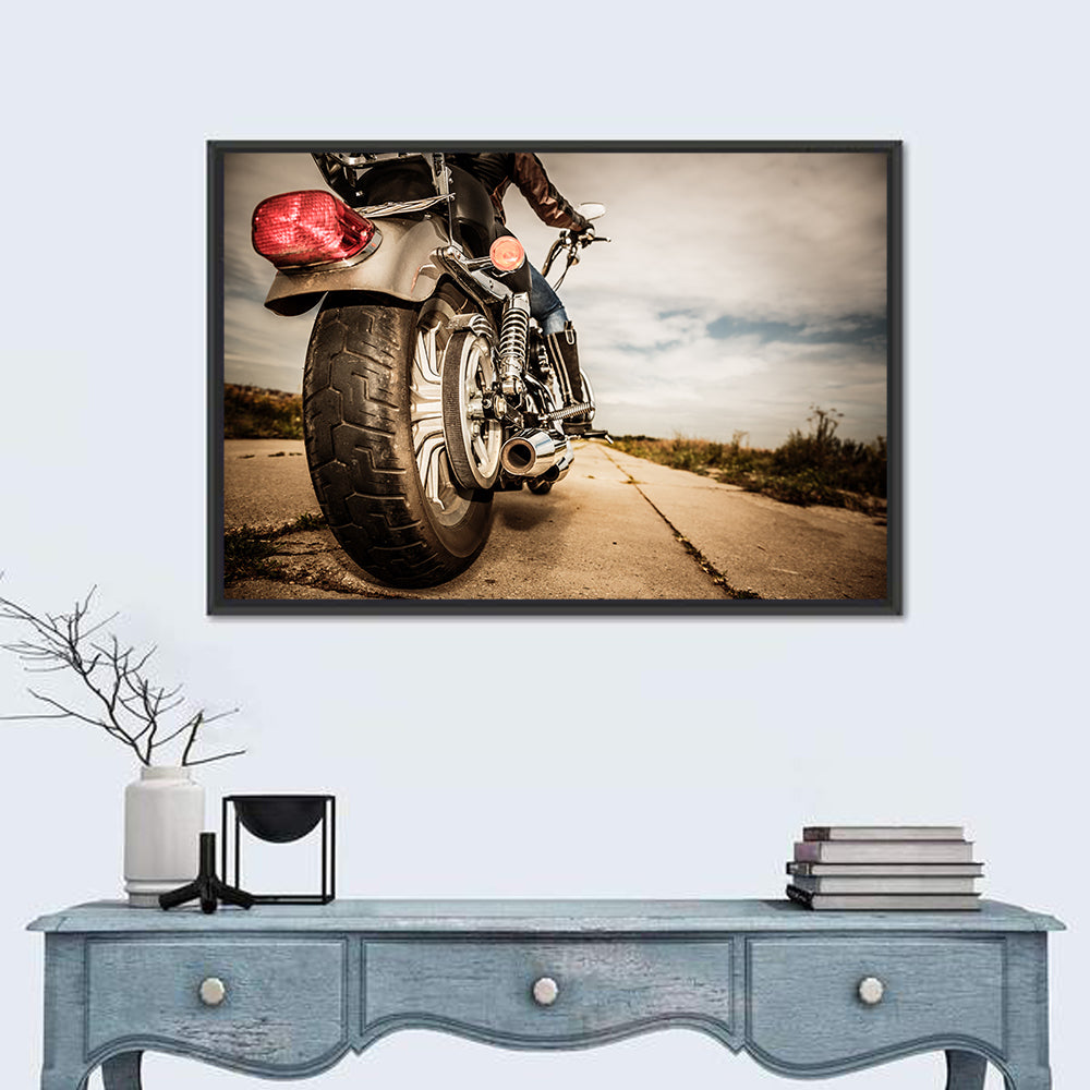 Low Angle Motorcycle Rear View Wall Art in a room, landscape