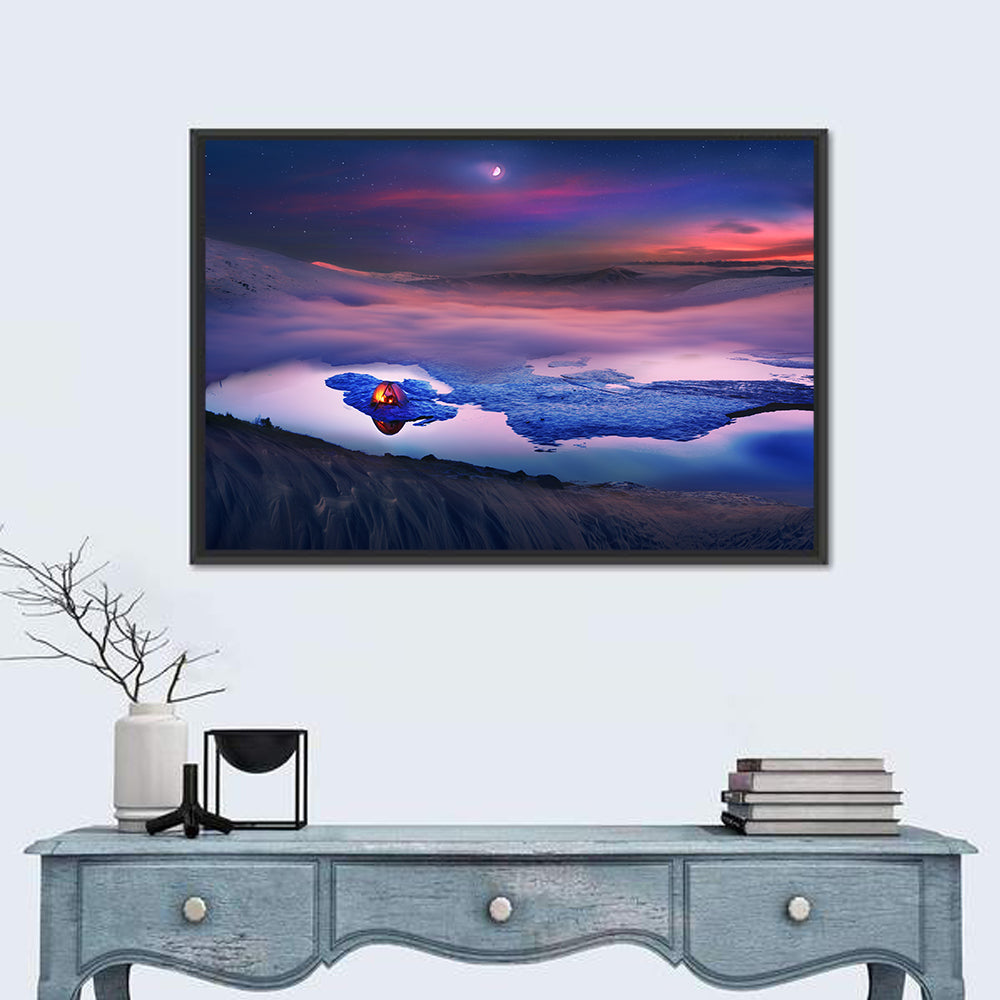 Glowing Tent on Frozen Mountain Lake Wall Art