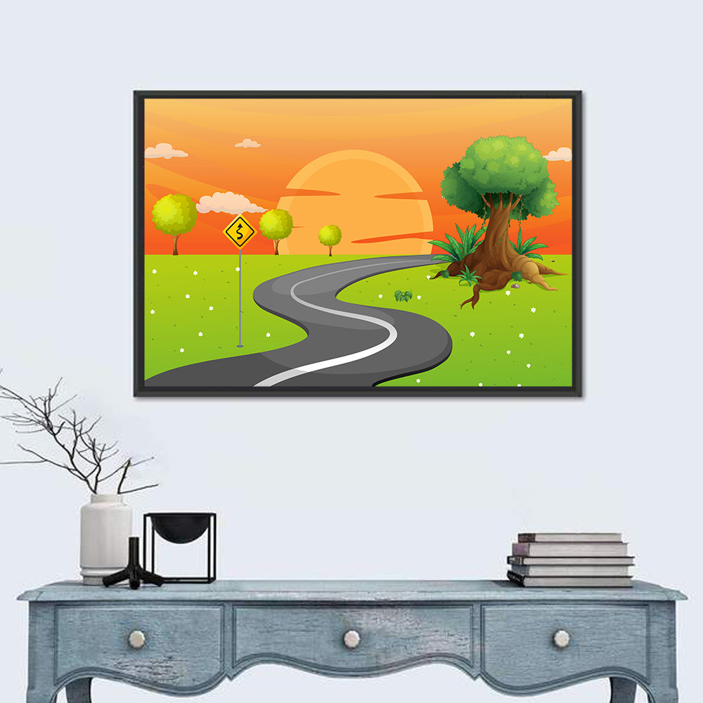 Winding Road Sunset Illustration Wall Art in a room, landscape