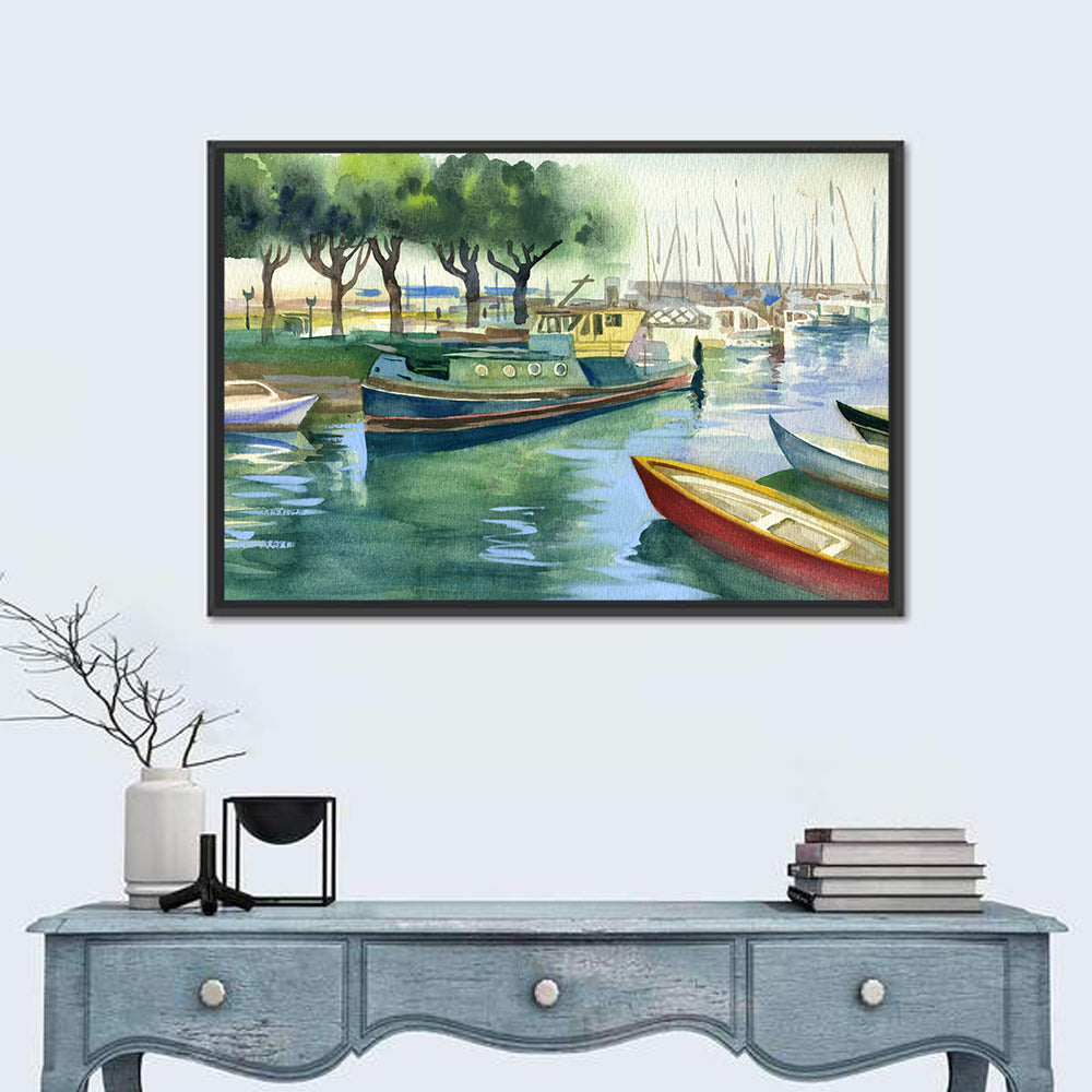 Watercolor Harbor Boats Wall Art in a room, landscape