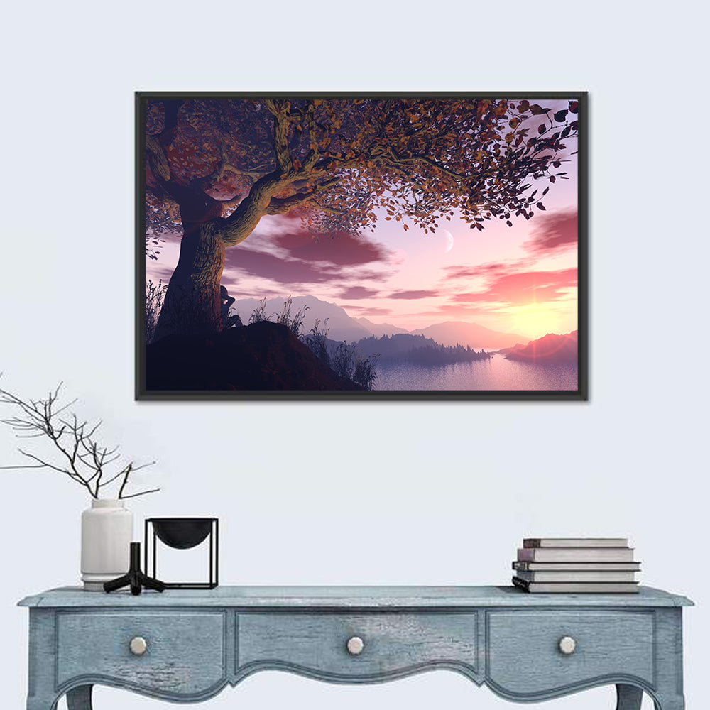 Dreamer Tree by Sunset Lake Wall Art in a room, landscape