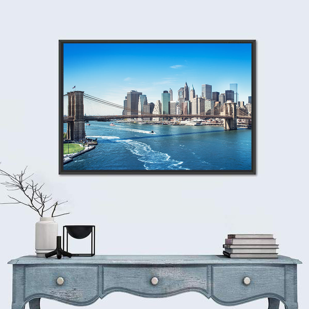 Brooklyn Bridge and Manhattan Skyline Wall Art in a room, landscape