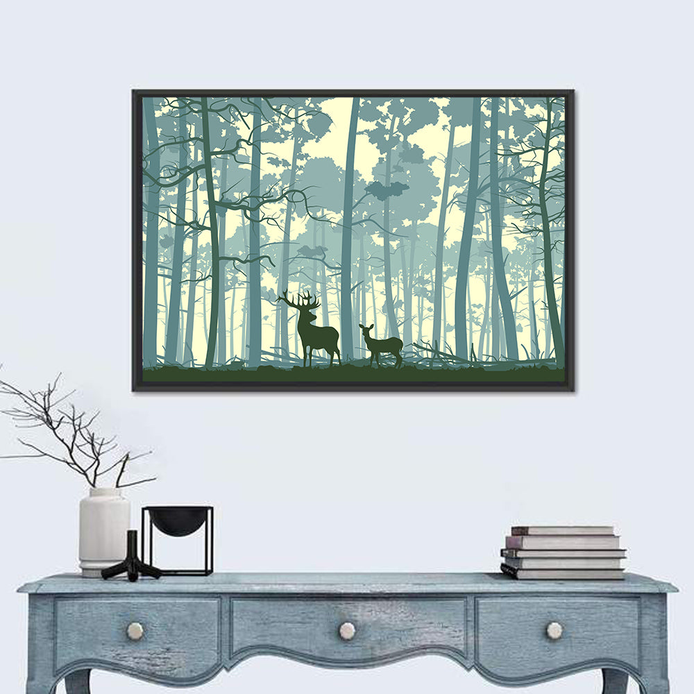 Deer Pair in Teal Forest Wall Art in a room, landscape